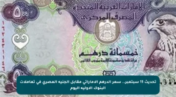 تحديث 11 سبتمبر.. سعر الدرهم الإماراتي مقابل الجنيه المصري في تعاملات البنوك الأولية اليوم